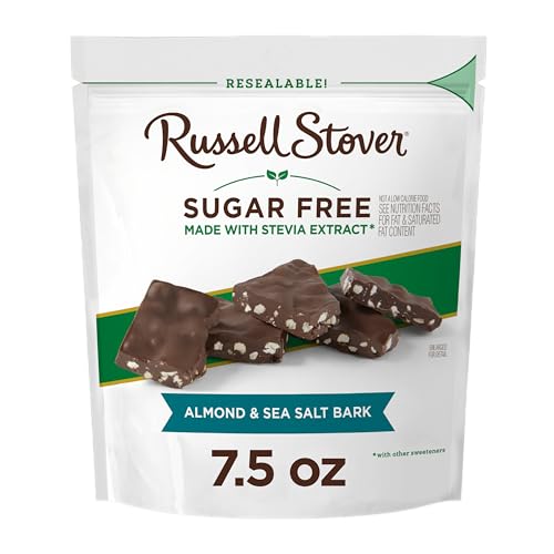 Russell Stover Sugar Free Dark Chocolate Almond & Sea Salt Bark, 7.5 Oz Bag (≈ 24 Pieces)
