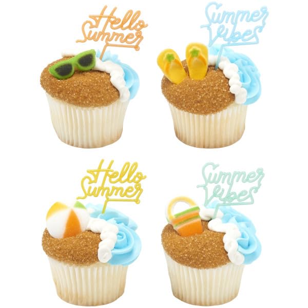 Summer Fun - Sunglasses, Bucket, Flip Flops, Beach Ball, And Sunedible Sugar Cake Toppers, 12 Count