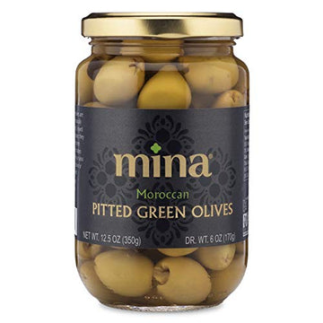 Mina Pitted green Olives Premium Handpicked and Naturally cured - gluten Free Low carb Vegan - great Keto Snacks to go 12.5 oz