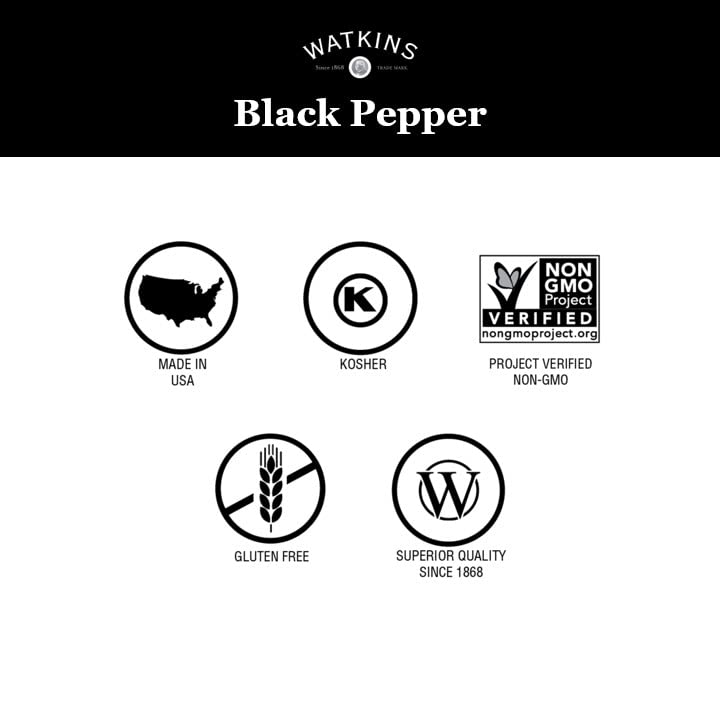 Watkins Pure Ground Black Pepper, Kosher, Gluten Free & Non-GMO, 4 Ounce (Pack of 1)