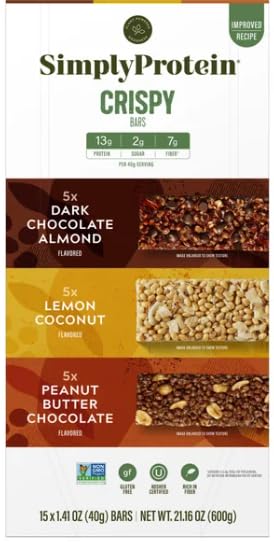 Simply Protein Crispy Bars Variety Pack, 15 Count - 5 Dark Chocolate Almond, 5 Lemon Coconut, 5 Peanut Butter Chocolate, 21.16 oz