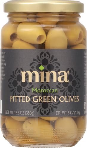 Mina Pitted green Olives Premium Handpicked and Naturally cured - gluten Free Low carb Vegan - great Keto Snacks to go 12.5 oz