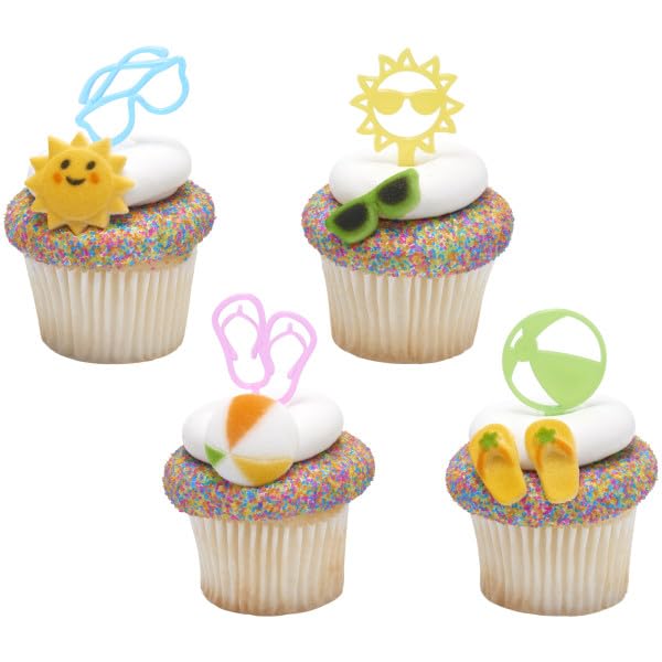 Summer Fun - Sunglasses, Bucket, Flip Flops, Beach Ball, And Sunedible Sugar Cake Toppers, 12 Count