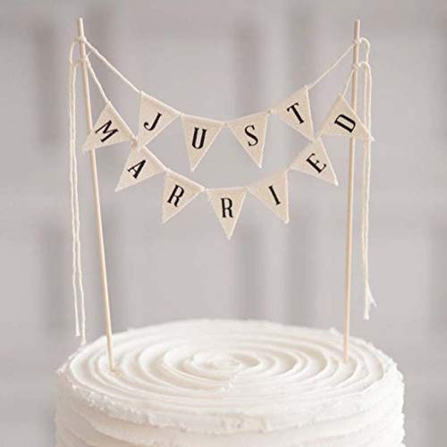 SCHOLMART Just Married Cake Topper, Rustic Cotton Bunting Flags, Preassembled, Silver