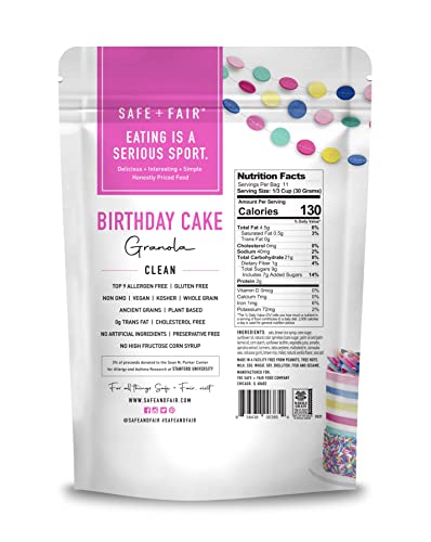 Safe + Fair Birthday Cake Granola - Gluten-Free, Vegan & Plant-Based Snack with Natural Sprinkles - 0g Trans Fat, Non-GMO, Koshe