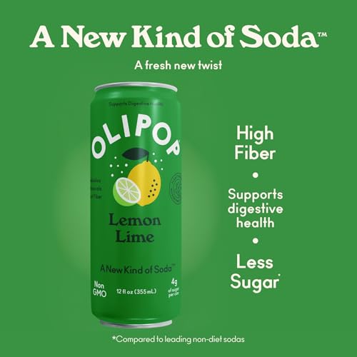 OLIPOP Prebiotic Soda Pop  Lemon Lime  Pantry Pack Packed with Prebiotics  Fiber  and Botanicals  Gluten Free  Vegan  GMO Free  12oz Skinny (12-Cans)