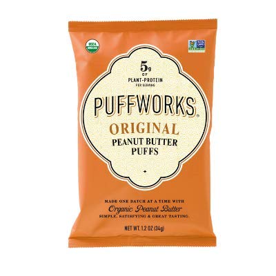 Puffworks Original Organic Peanut Butter Puffs, Plant-Based Protein Snack, Gluten- And Rice-Free, Vegan, Kosher, 1.2 Ounce (Pack