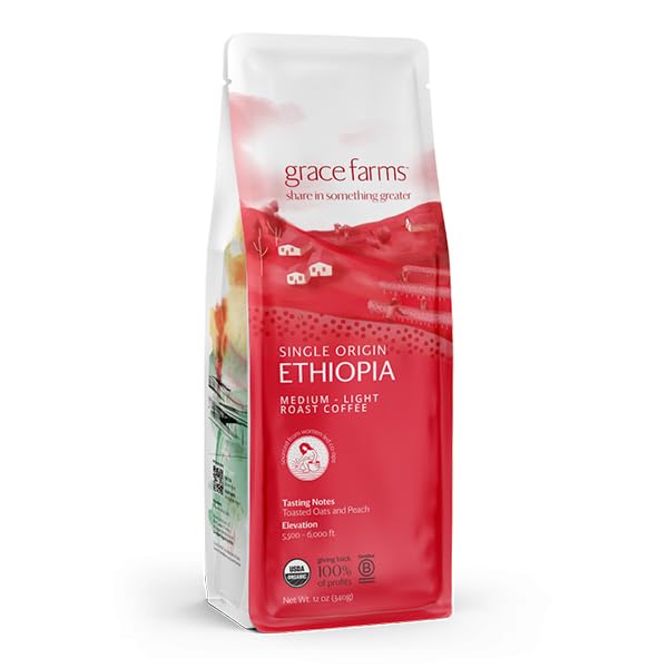 Grace Farms, Organic Whole Bean Coffee, Single Origin Ethiopia Medium-Light Roast, 12Oz Bag, 1 Count | Notes Of Toasted Oats & P