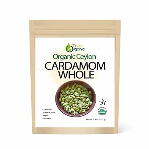 True Organic Cardamom Whole 3.5 Oz - Certified Organic  Usda & Kosher Certified  Pure Ceylon Top-Grade Quality