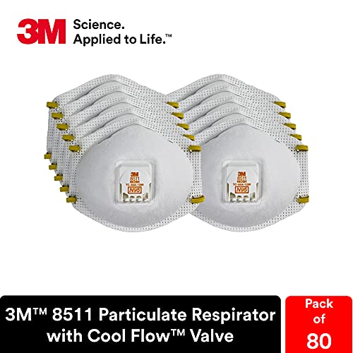 3M 8511 Particulate Disposable Respirator, N95, Pack Of 80, Niosh Approved, Cool Comfort And Fewer Pressure Points With Dual Point Attachment For Grinding, Sanding, Sawing, Sweeping, Dust, Smoke