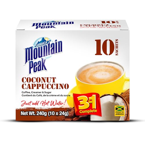Jamaica Mountain Peak Coconut Cappuccino 3 in 1 Instant Coffee Mix  Coffee Creamer and Cane Sugar (10 Sachets x 24g)  Smooth Creamy Caribbean Flavor  Just Add Water