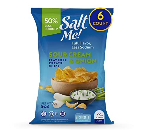 SaltMe! Sour Cream & Onion Potato Chips, 50% Low Salt, Kosher, Non-GMO, Better for You Chips, Flavorful, 5 Ounces, Pack of 6