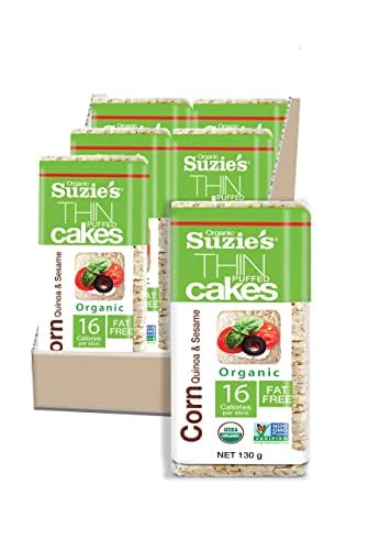 Suzie's Organic Rice Cakes Thins|6 Pack|Corn Quinoa & Sesame|USDA Organic, NON-GMO, Fat-Free, Sugar-Free, Gluten-Free|Low-Calori