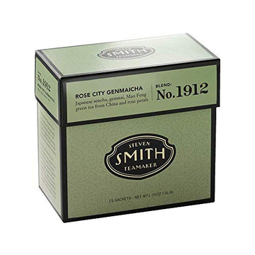 Smith Teamaker | Rose City Genmaicha No. 1912 - Sencha, Genmai, Mao Feng Green Tea & Rose Petals | Caffeinated Roasted Rice Full Leaf Green Tea Blend (15 Sachets, 1.26Oz Each)