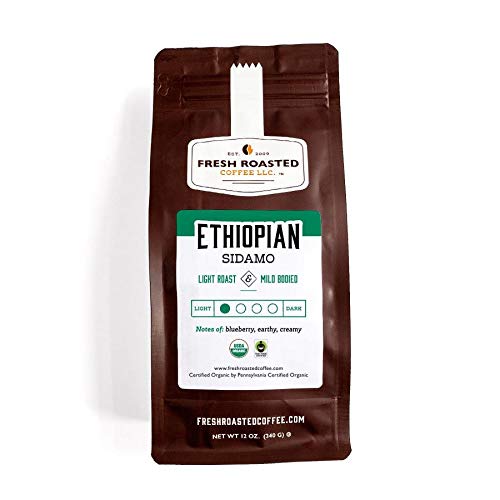 Fresh Roasted Coffee, Organic Ethiopian Sidamo, 12 Oz, Light Roast, Fair Trade Kosher, Whole Bean