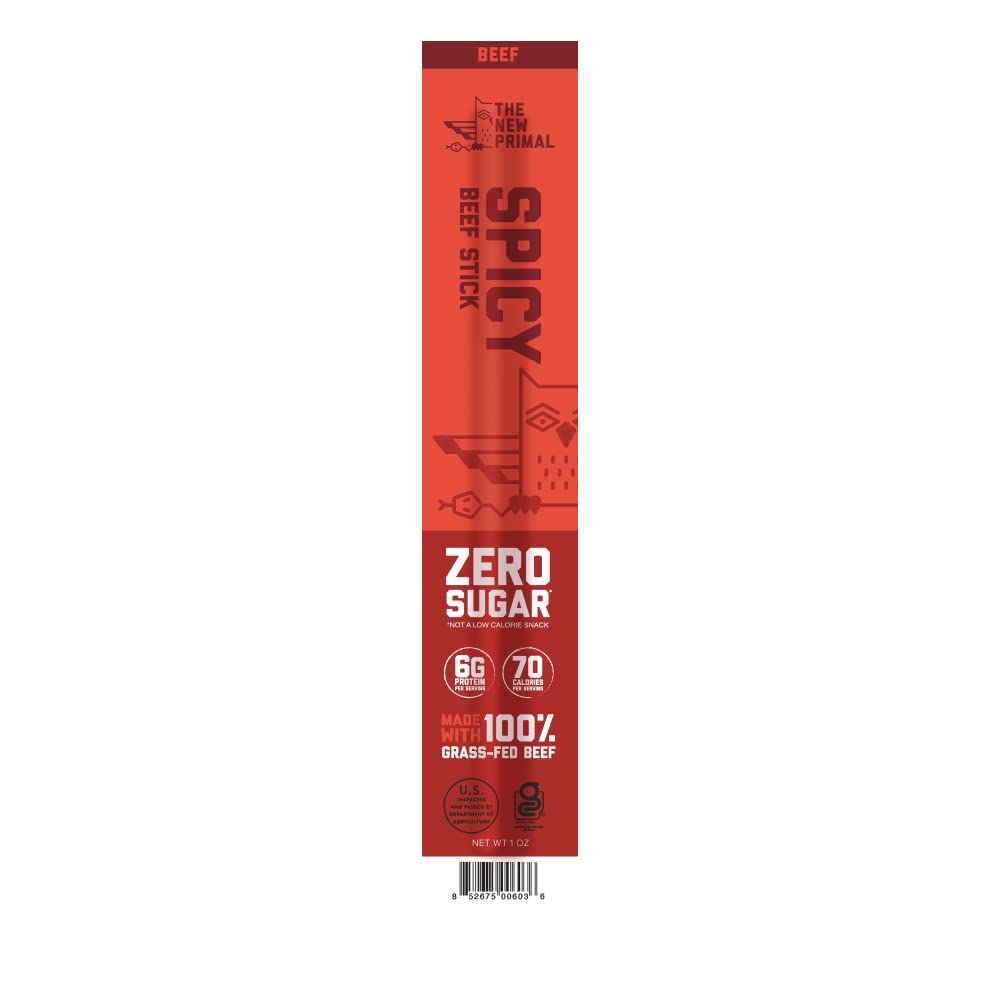 The New Primal Spicy Beef Stick - 100% Grass Fed Beef - Whole30 Approved, Certified Paleo, Keto, And Gluten-Free Meat Snack With