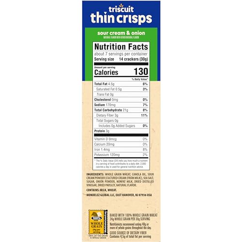 Triscuit Thin Crisps Sour Cream & Onion Whole Grain Wheat Crackers, Lunch Snacks, Bulk Snack Crackers, 6-7.1 oz Boxes