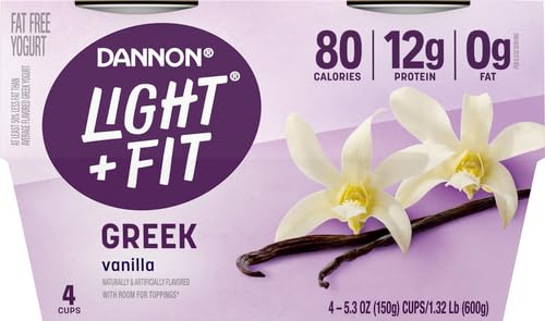 Dannon Light + Fit Greek Vanilla Fat Free Yogurt, Creamy and Delicious Gluten Free Yogurt, 4 Ct, 5.3 OZ Yogurt Cups