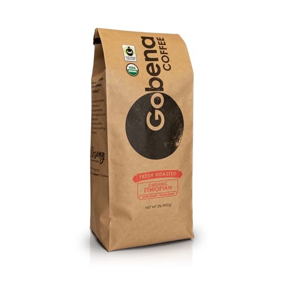 2Lb Fair Trade Organic Certified Ethiopian Yirgacheffe Whole Bean Dark Roast Coffee, 100% Arabica Specialty Coffee, 32 Ounces, 2