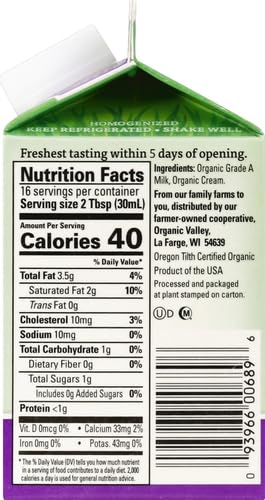 Organic Valley Grassmilk Half and Half - Organic, Grass Fed, Non GMO - 16 oz (Pint)