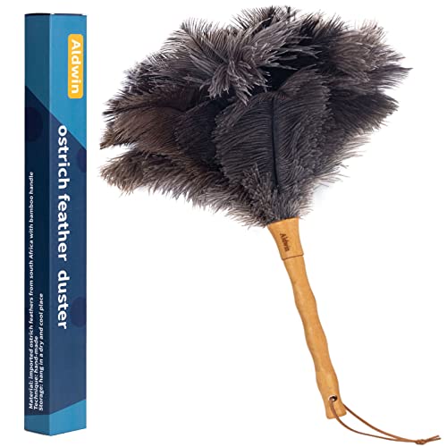 Aldwin Ostrich Feather Duster, 16 Inch With Wood Handle Reusable, Fluffy Natural Feather Duster For Cleaning Supplies Washable, 