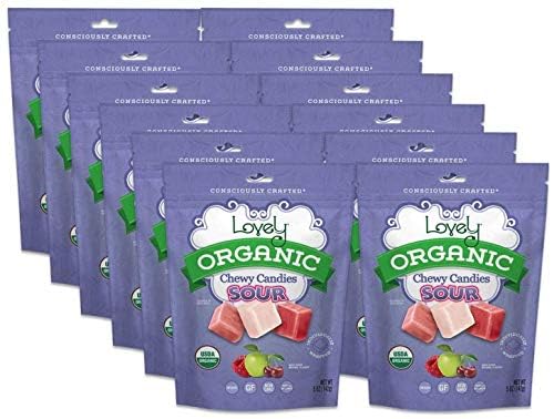 Lovely Candy Co. Organic Sour Chewy Candies 5Oz Bag (12-Pack) | Natural Raspberry  Apple & Cherry Flavors | Vegan  Gluten Free  Non-Gmo  No Artificial Ingredients  Individually Wrapped