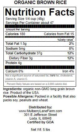 Brown Rice 5 Pounds Long Grain, Usda Certified Organic Non-Gmo Bulk, Product Of Usa, Mulberry Lane Farms