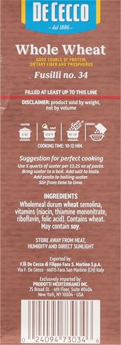 De Cecco Whole Wheat Pasta, Fusilli, 13.25 Ounce (Pack of 12) (VIP1034)
