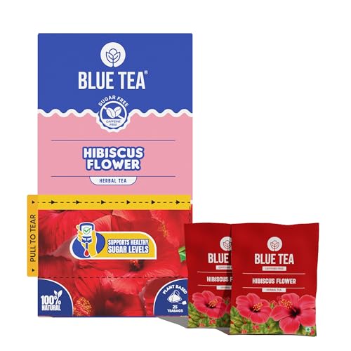 Blue Tea - Hibiscus Tea - 25 Tea Bags - Plant Based | Supports Healthy Sugar Levels | Enhances Skin Glow | Energy Blend Free - Herbal Tea - Tangy Flavour | Single Tear Tea Box | Easy Pull Sachets