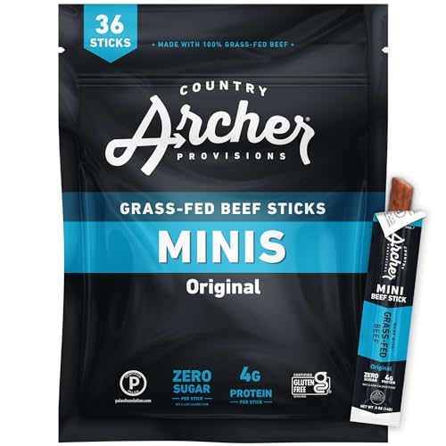 Country Archer Mini Beef Jerky Sticks, Grass Fed, Gluten Free, Paleo, Keto, 18 Ounce (Pack of 36), Individually Wrapped
