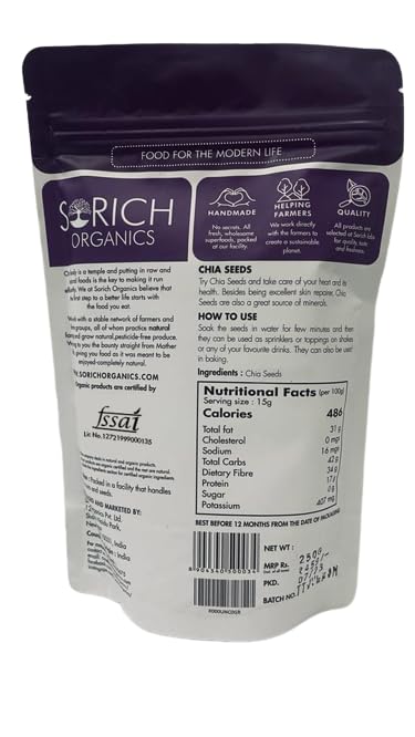 Sorich Organics Chia Seeds 250G - Raw Chia Seeds | For Eating With Omega 3 And Fiber For Weight Loss Management | Healthy Snacks
