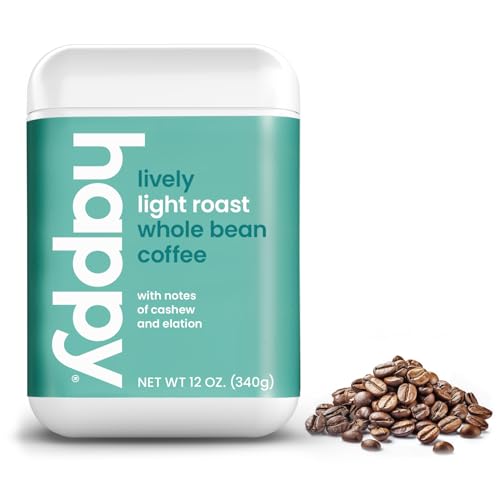 happy coffee light roast whole bean coffee, 12 oz., notes of cashew & elation, recyclable container, grown & harvested in Colomb