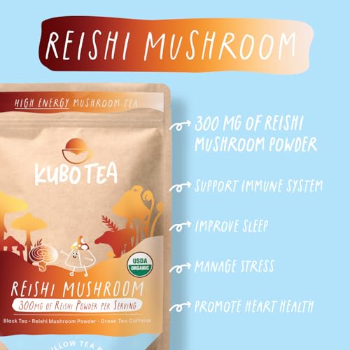 Kubo Tea High Caffeine Mushroom Tea Bags - Organic Reishi Blend for Energy & Focus, 20 Ct, Compostable Packaging