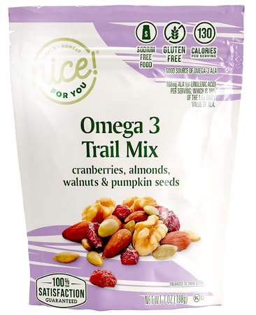 Omega 3 Nice Nut Trail Mix: Cranberries, Almonds, Walnuts & Pumpkin Seeds, Snacking Snack Food Treat 7oz Bag