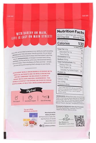 Bakery On Main Decadent Granola, White Chip Raspberry Swirl - Whole Grain Bakeshop Bliss, Gluten-Free, Vegan, Non-Gmo, 11Oz