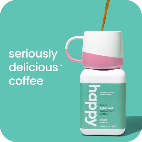 happy coffee light roast whole bean coffee, 12 oz., notes of cashew & elation, recyclable container, grown & harvested in Colomb
