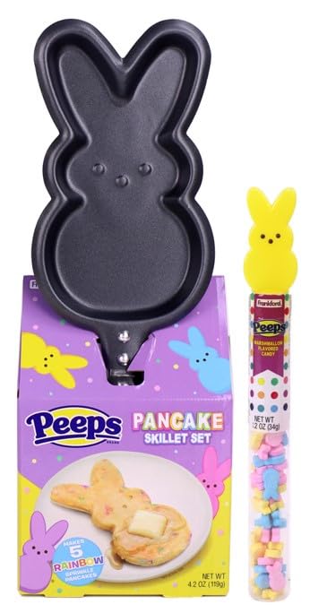 PEEPS Bunny Skillet with Buttermilk Rainbow Sprinkle Pancake Mix & PEEPS Marshmallow Candy Tube Topper, by Frankford Candy
