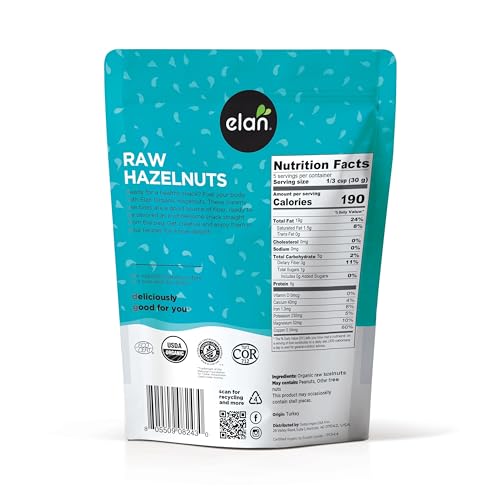 Elan Organic Raw Hazelnuts  Unsalted  Unroasted  Shelled Raw Nuts  With Skins  Healthy Snacks  Non-GMO  Vegan  Gluten-Free  Kosher  Filberts  8 pack of 5.8 oz