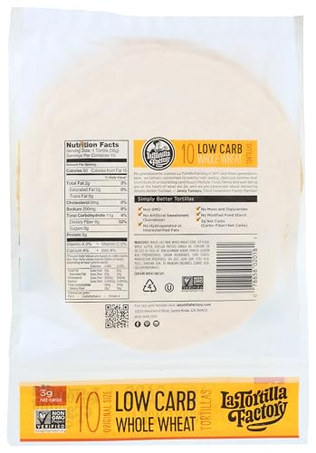 La Tortilla Factory Low Carb Whole Wheat Tortillas, Non-GMO, 3g Net Carbs, 50 Calories, 10-Count, 13 oz.