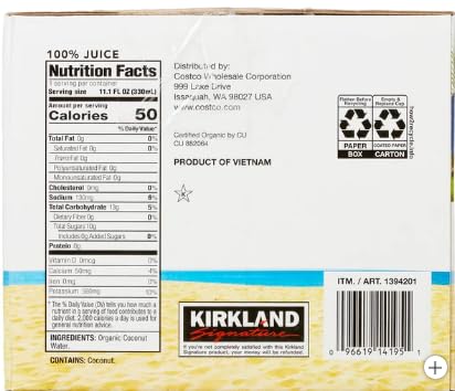 Kirkland Signature Organic Coconut Water, 11.1 oz (Pack of 12) - Refreshing Natural Hydration, Non-GMO, Vegan, Gluten-Free