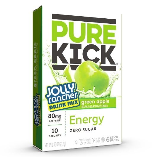 The Jel Sert Company Pure Kick Singles To Go Energy Drink Mix, Jolly Rancher Green Apple, 6 Sticks per Box, 0.76 Ounce (Pack of 6)