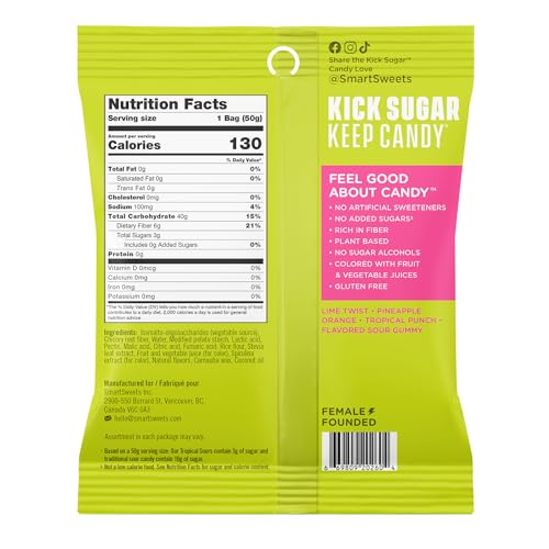 Smartsweets Tropical Sours Gummy Candy: 1.8Oz (Pack Of 14), Gummy Candy With Low Sugar, Low Calorie, No Artificial Sweeteners, Plant-Based, Gluten-Free, Healthy Snack For Kids & Adults