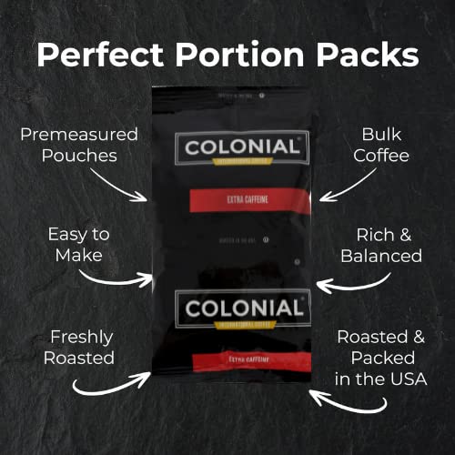 Colonial Coffee Packets  Pre Ground Coffee Packs  High Caffeine Blend  Medium - Dark Roast  Bulk Single Pot Bags for Drip Coffee Makers  (2.5 oz Bags  Pack of 100)