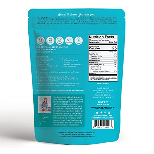 Miss Jones Baking SmartSugar Cane Sugar Blend with Monkfruit - 24 oz Healthy 1:1 Sugar Substitute, 50% Less Sugar, Gluten Free