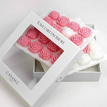 Canasuc Paris, L' Envie En Rose Pur Sucre De Canne,''Window Gift Box'' Of 36 Assorted French Molded Rose Sugar Pieces, White & R