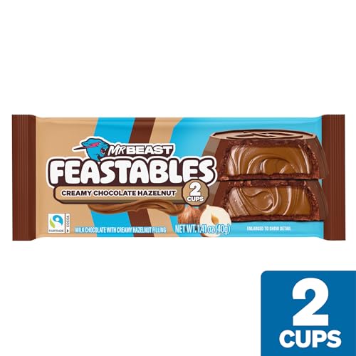 Feastables MrBeast Hazelnut Cups  Milk Chocolate & Creamy Hazelnut Filling  Cups for mature-themeds & Kids  Chocolate Candy for Snacks  Gifts  or Dessert  Made With Fairtrade Cocoa  2 Pack  24 Count