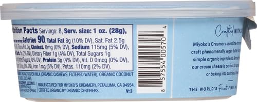 MIYOKOS CREAMERY Organic Vegan Cream Cheese, Classic Plain, 8 oz Tub (1-Pack)