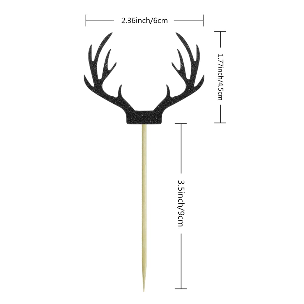 Saktopdeco 20 Counts Black Deer Antler Cake Topper Glitter Paper Christmas Reindeer Cupcake Toppers Picks For Themed Party Decor