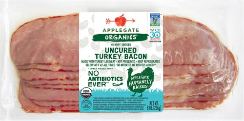 Applegate Organic Hickory Smoked Uncured Turkey Bacon, 8oz - All-Natural, Gluten-Free, 8 Ounce (Pack of 1)