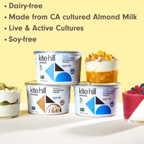 Kite Hill Plain Unsweetened Almond Milk Yogurt, 32 Ounces, Dairy Free, Live and Active Cultures, Gluten Free, Non-GMO, Vegan